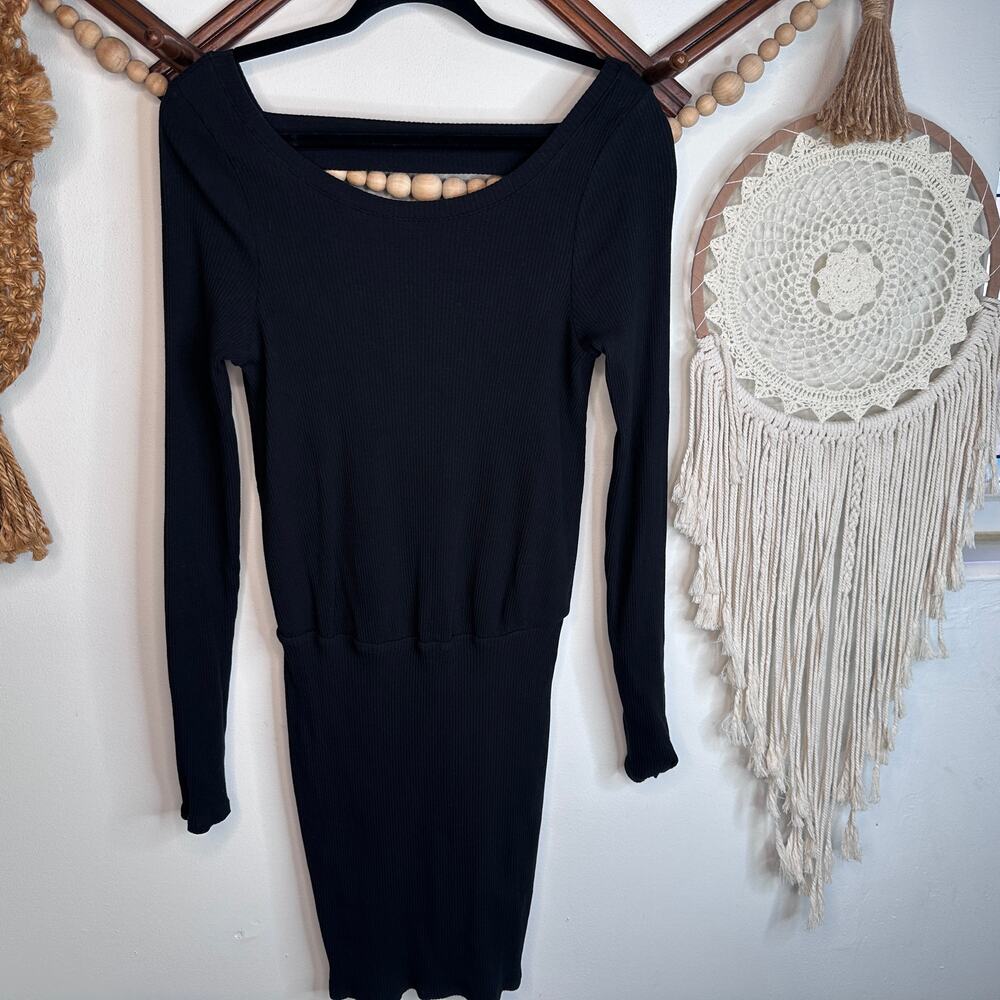 NEW Free People Beach Black Rib Knit Long Sleeve Mini Dress